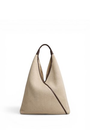 Beige textured triangular tote bag with dark brown trim and single handle, displayed against a white background.