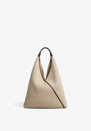 Beige textured triangular tote bag with dark brown trim and single handle, displayed against a white background.