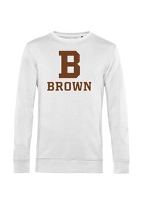 Felpa bianca a maniche lunghe con una grande lettera "B" marrone e la parola "BROWN" in marrone, presentati in modo evidente sulla parte frontale.
