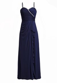Robe de soirée bleu marine longue jusqu'au sol avec bretelles spaghetti, corsage froncé, bordure de perles sur le décolleté, et volant en cascade sur le devant de la jupe.