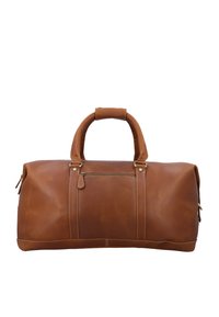 Brązowa skórzana torba sportowa o gładkiej fakturze, z zamykaną kieszenią, zaokrąglonymi uchwytami i złotymi akcentami metalowymi. Widoczne są szwy.
