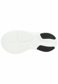 Semelle d'une chaussure de sport blanche avec une surface texturée, présentant une section blanche lisse et deux coussinets de traction en caoutchouc noir au talon.