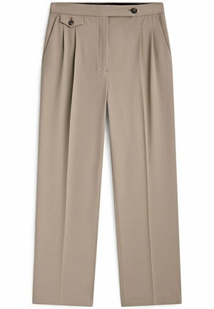 Pantalon beige à jambes droites avec taille haute, patte boutonnée à la ceinture, plis avant et poches latérales.