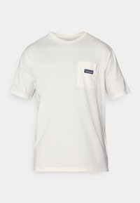 White cotton t-shirt with a round neckline, short sleeves, and a left chest pocket featuring a blue and black Patagonia logo.