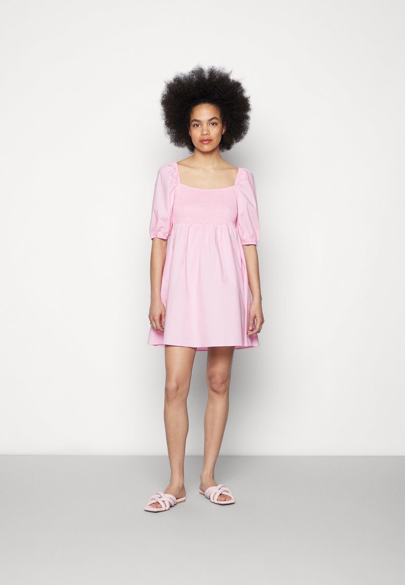 Glamorous SHIRRING DRESS WITH ELBOW LENGTH PUFF SLEEVES TIE BACK