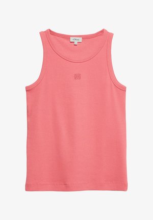 Débardeur rose côtelé sans manches avec col rond et petit logo décoratif brodé au centre de la poitrine.