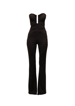 Zwarte strapless jumpsuit met geplooide lijfje, sleutelgatopening aan de voorkant en uitlopende benen. Gemaakt van gladde, elastische stof voor comfort.
