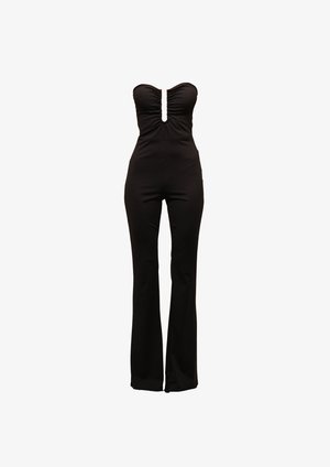 Black strapless jumpsuit with ruched bodice, keyhole opening at front, and flared legs. Made from smooth, stretchy fabric for comfort.