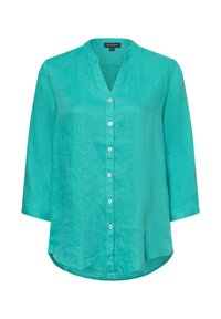 Türkise Leinenbluse mit V-Ausschnitt, dreiviertellangen Ärmeln und klassischer Knopfverschluss; glatte Textur und abgerundeter Saum.