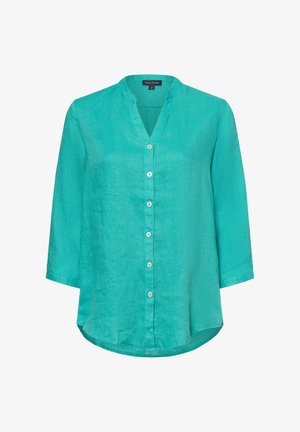 Turquoise linen blouse with a V-neck, three-quarter sleeves, and classic button closure; smooth texture and curved hemline.