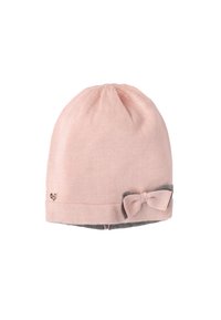 Gorro de punto rosa con detalles grises, que presenta un pequeño lazo y un emblema de corazón en el lado. Tela suave y elástica para mayor comodidad.