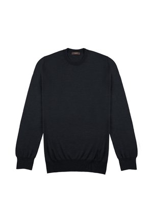 Jersey negro de punto con escote redondo, mangas largas, puños y dobladillo acanalados. Textura suave, diseño minimalista, sin patrones ni acentos visibles.