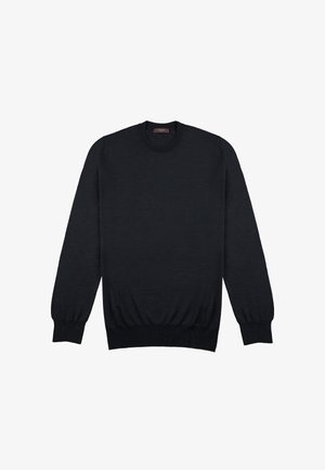 Jersey negro de punto con escote redondo, mangas largas, puños y dobladillo acanalados. Textura suave, diseño minimalista, sin patrones ni acentos visibles.