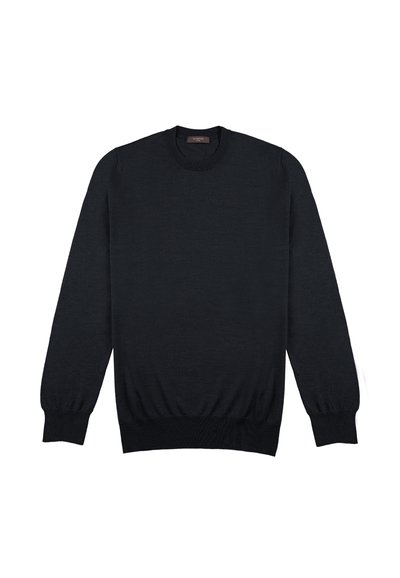 Schwarzer Strickpullover mit Rundhalsausschnitt, langen Ärmeln, gerippten Bündchen und Saum. Glatte Textur, minimalistisches Design, keine sichtbaren Muster oder Akzente.