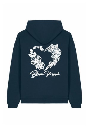 Felpa navy con un design a forma di cuore realizzato con illustrazioni floreali bianche e il testo "Bloom Mood" sottostante. Materiale misto cotone, vestibilità rilassata.
