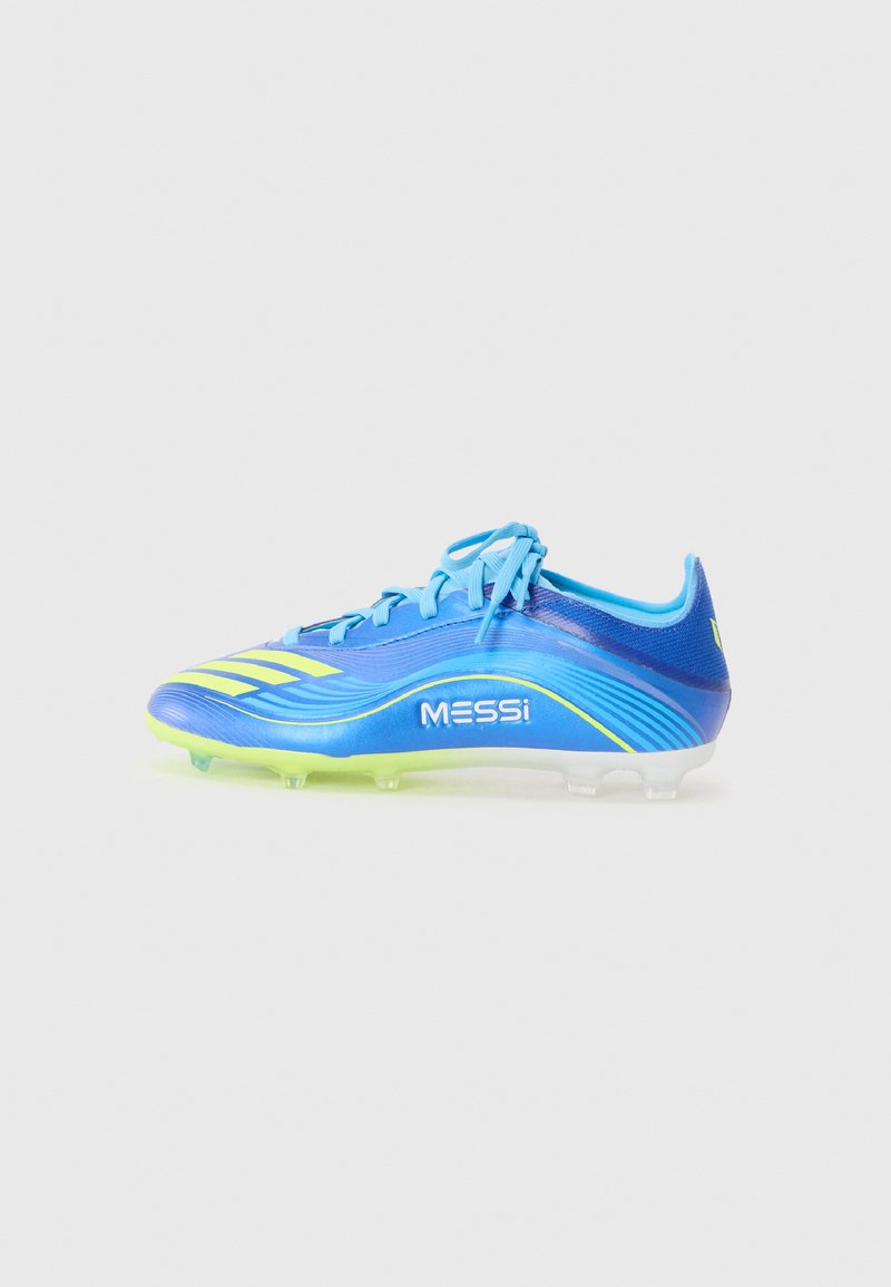 Bright blue soccer cleat with yellow accents and "MESSI" branding, featuring a sleek design and standard lace-up closure.