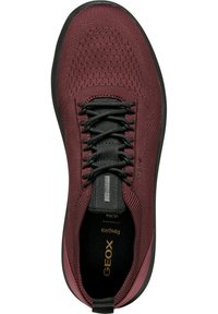 Sneaker rossa in maglia con lacci e suola nera, caratterizzata da una tomaia testurizzata, dettaglio del logo e una soletta imbottita contrassegnata "Geox."