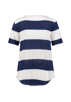 Kort shirt met korte mouwen, horizontale marineblauwe en witte strepen, afgeronde zoom en een iets losse pasvorm.