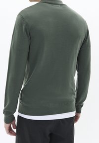 Maglione polo verde a maniche lunghe realizzato in morbido tessuto a maglia, con colletto e polsini a coste, caratterizzato da una texture leggera e una vestibilità slim.