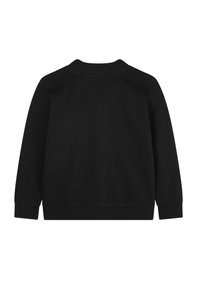 Sweatshirt noir avec un col rond, des manches longues et des poignets côtelés. Le matériau semble doux avec une texture lisse. Design simple et uni.