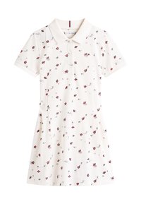 Rochie polo albă cu mâneci scurte, imprimeu floral mic roșu și negru și nasturi cu trei gauri.