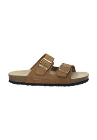 Brown suede sandals with two adjustable buckle straps, cork footbed, and a black rubber sole. Flat design for comfortable wear.