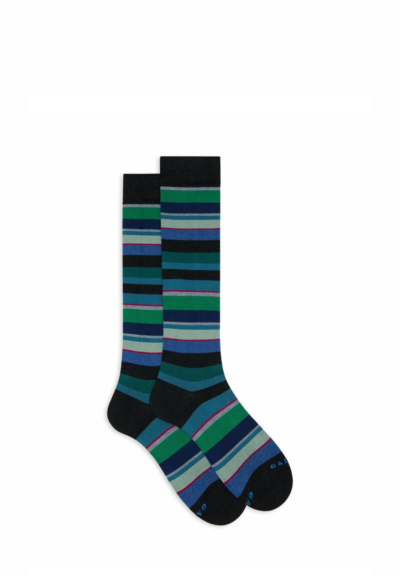 Calzini a righe fino al ginocchio con tonalità di blu, verde e nero, con strisce di larghezza variabile e un bordo superiore nero solido.