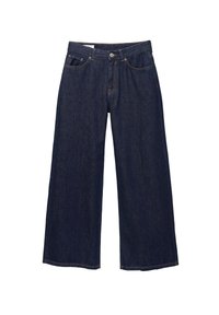 Dark blue wide-leg denim jeans with front pockets, belt loops, and a button closure on the waistband.