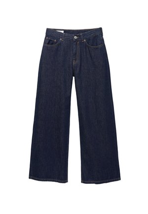 Dark blue wide-leg denim jeans with front pockets, belt loops, and a button closure on the waistband.