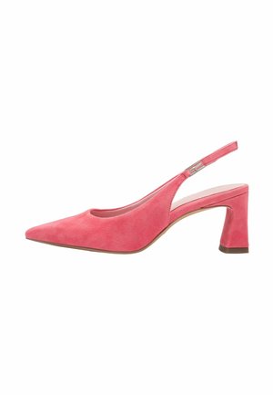 Rosa Wildleder-Pumps mit Slingback, spitzer Kappe und mittelhohem Blockabsatz. Hervorgehoben durch ein Cut-out-Design und eine kleine metallische Verzierung am Riemen.