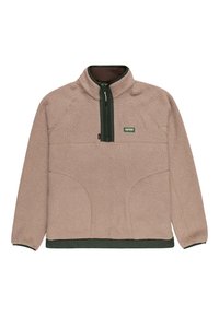Fleece pullover in light beige with a green zip and bottom hem, featuring a half-zip front, textured fabric, and two front pockets.