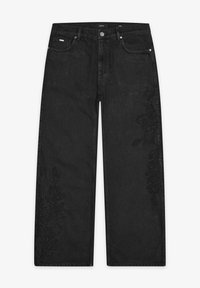 Jean denim noir à jambes larges avec broderie florale sur le côté gauche, poches avant et fermeture par bouton à la taille.