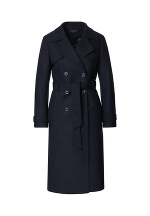 Granatowy wełniany płaszcz trench z podwójnym zapięciem, z klapami, z paskiem w talii i długimi rękawami z paskami na mankietach.
