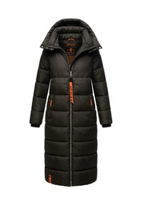Long black padded winter coat with high collar, front zipper, and orange zipper pulls and branding details.