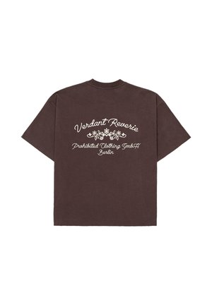 Dark brown short-sleeve T-shirt with white floral graphic and text "Verdant Reverie, Prohibited Clothing GmbH Berlin" on the back.