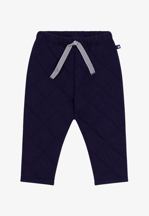 Marineblauwe gewatteerde broek met een elastische tailleband en een gestreepte trekkoord. Glad oppervlak met een diamanten patroon over de gehele lengte.