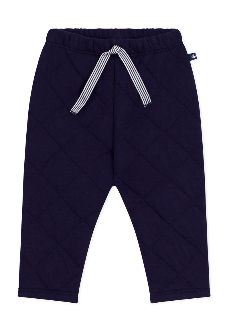 Marineblauwe gewatteerde broek met een elastische tailleband en een gestreepte trekkoord. Glad oppervlak met een diamanten patroon over de gehele lengte.