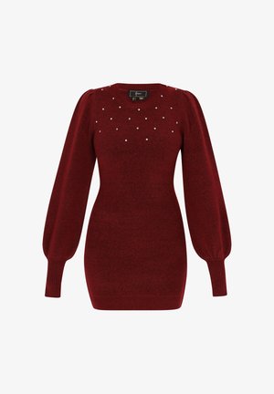 Roter Strickpullover mit langen Puffärmeln, rundem Hals und strukturiertem Stoff. Verfügt über verstreute Strassteinverzierungen auf der Brust.