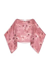 Blouse rose transparente avec des manches larges et fluides, ornée d'un motif floral subtil aux nuances plus foncées et plus claires.