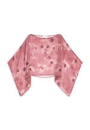 Blouse rose transparente avec des manches larges et fluides, ornée d'un motif floral subtil aux nuances plus foncées et plus claires.