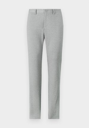 Pantaloni eleganti grigi chiari con un motivo a righe verticali, vestibilità sartoriale, chiusura con bottone e passanti per cintura. Tessuto morbido, senza tasche.