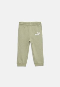 Pantalons de jogging pour tout-petits de couleur vert clair avec une taille élastique et le logo PUMA sur la cuisse supérieure gauche.