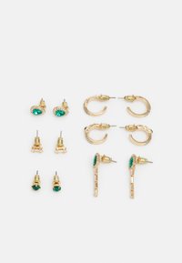 Gold-tone earrings set featuring two pairs of stud earrings with green stones, one pair with clear accents, and two pairs of hoop earrings.