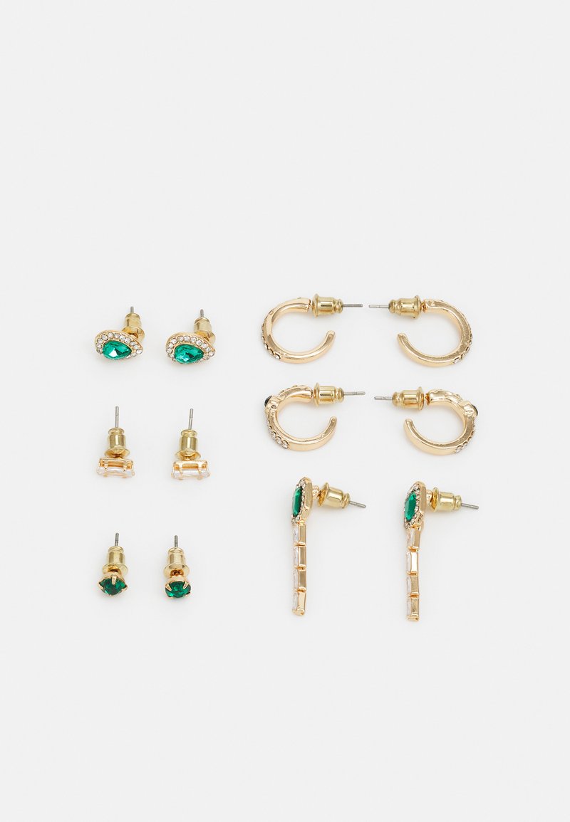 Gold-tone earrings set featuring two pairs of stud earrings with green stones, one pair with clear accents, and two pairs of hoop earrings.