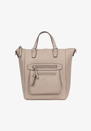 Borsa tote in pelle beige con due manici superiori, due tasche frontali con cerniere doppie e linguette in pelle, dettagli in metallo color oro.