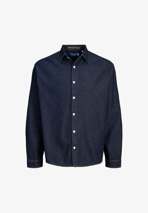 Sötétkék farmer hosszúujjú ing fehér gombokkal és narancssárga varrással, klasszikus gallérral és gombos mandzsettákkal.