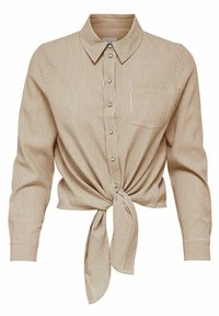 Chemise à manches longues beige et blanche à rayures verticales, avec boutons sur le devant, poche poitrine, col et nœud noué à la taille.