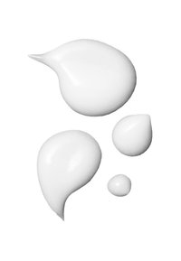 Weiße Creme- oder Lotionstropfen in unterschiedlichen Größen mit glatten Texturen, die glänzende Oberflächen und abgerundete Formen auf einem weißen Hintergrund zeigen.