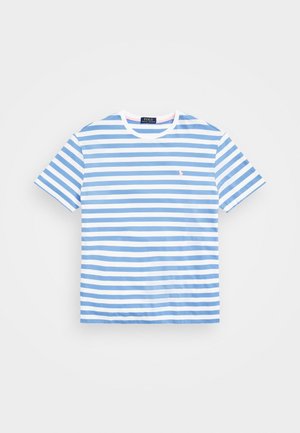 Short-sleeve T-shirt featuring alternating light blue and white stripes, a pink-accented crew neck, and a small embroidered logo on the chest.