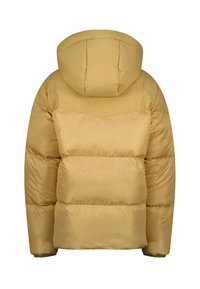 Lange gele pufferjack met een capuchon, met een quilted ontwerp en een ontspannen pasvorm. Glad materiaal met zichtbare stikdetails.